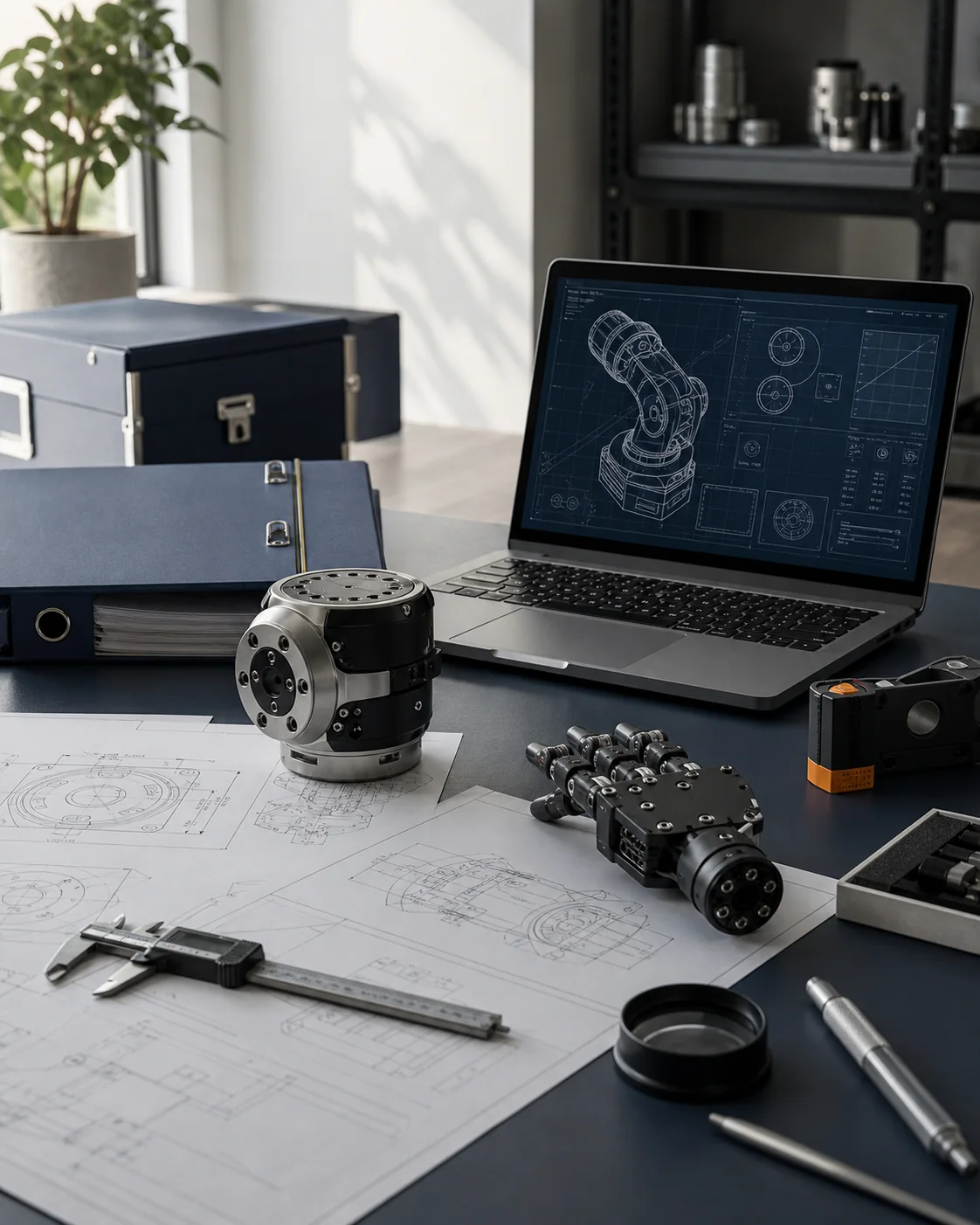 Robotics components, technical drawings and inspection tools on a sourcing desk